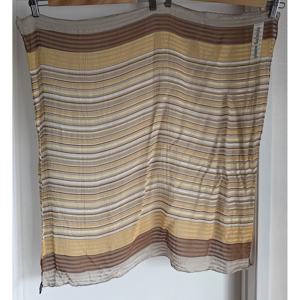 Pierre Balmain 100% Silk Scarf Brown Yellow Striped 30x30 VTH Hand-Rolled